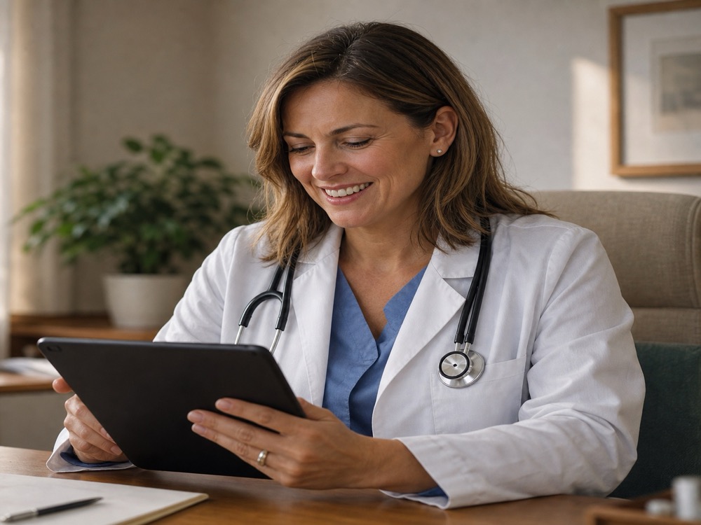 Smiling doctor reviewing results on a tablet