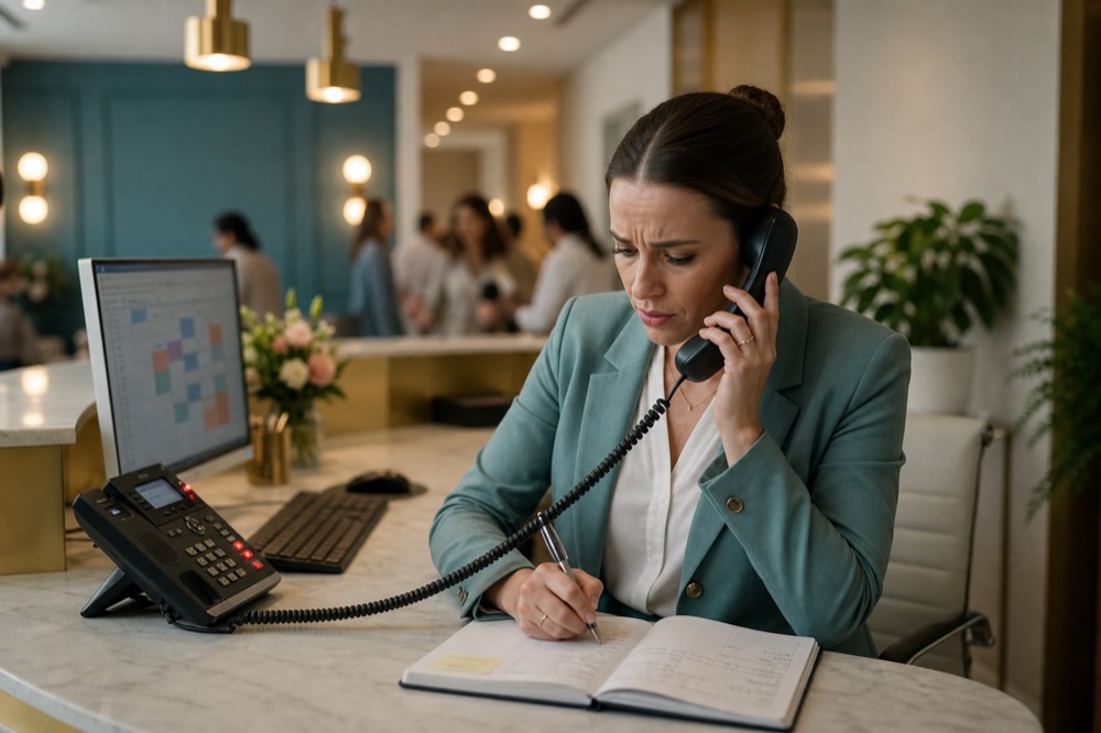 Receptionist juggling phone calls at a busy front desk