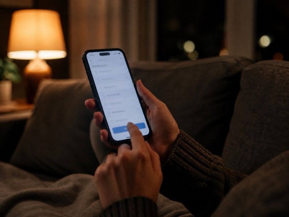 Patient at home booking an appointment on their phone at night